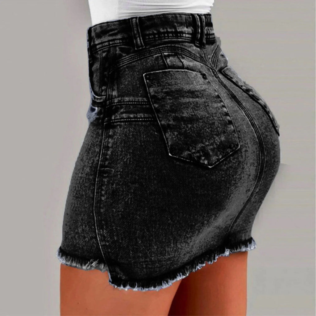 High Rise Distressed Edge Denim Mini Skirt With Clean Street Fit