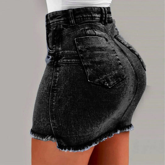 High Rise Distressed Edge Denim Mini Skirt With Clean Street Fit