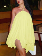 Asymmetrical Halter Mini Dress with Flowy Tiered Hem Contemporary Summer Style