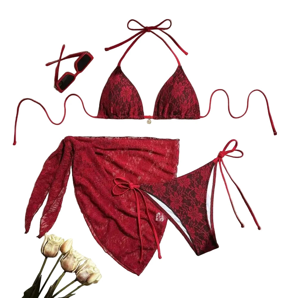 Solid Crimson Three-Piece Triangle Bikini Set with Sheer Mesh Wrap Skirt