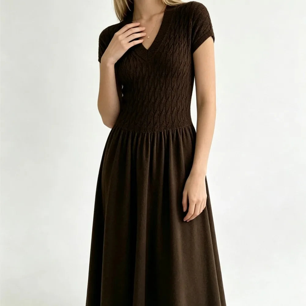 Elegant Short-Sleeve Smocked A-Line Midi Dress in Classic Black