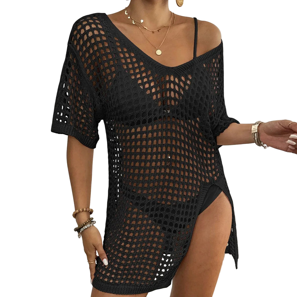White Open-Knit Crochet Beach Cover-Up Dress with Short Sleeves, Hollow-Out Detailing and Relaxed Mini Tunic Silhouette