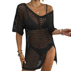 White Open-Knit Crochet Beach Cover-Up Dress with Short Sleeves, Hollow-Out Detailing and Relaxed Mini Tunic Silhouette
