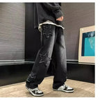 Men's Relaxed Wide Leg Denim Jeans with Star Patch Detail and Streetwear Style