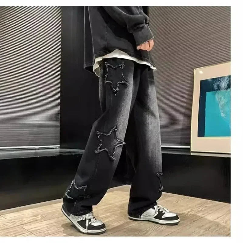 Men's Relaxed Wide Leg Denim Jeans with Star Patch Detail and Streetwear Style