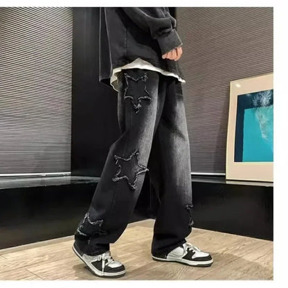 Men's Relaxed Wide Leg Denim Jeans with Star Patch Detail and Streetwear Style