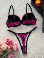 Vibrant Pink Leopard Print Push-Up Bra and Strappy Thong Set