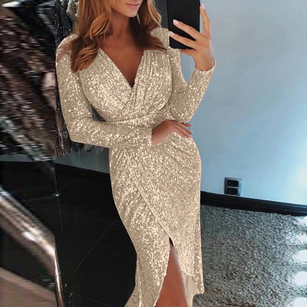 Sequin Texture Wrap Midi Dress with Long Sleeves and Side Slit