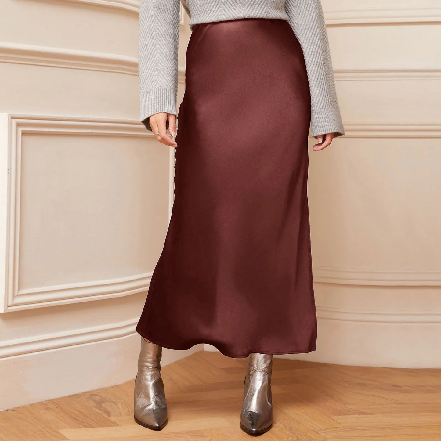 Elegant High Waist Satin Maxi Skirt with Side Slit Pencil Silhouette