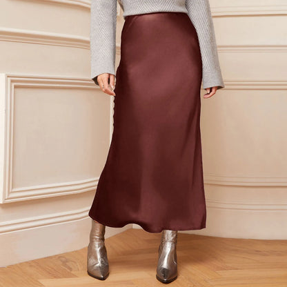 Elegant High Waist Satin Maxi Skirt with Side Slit Pencil Silhouette