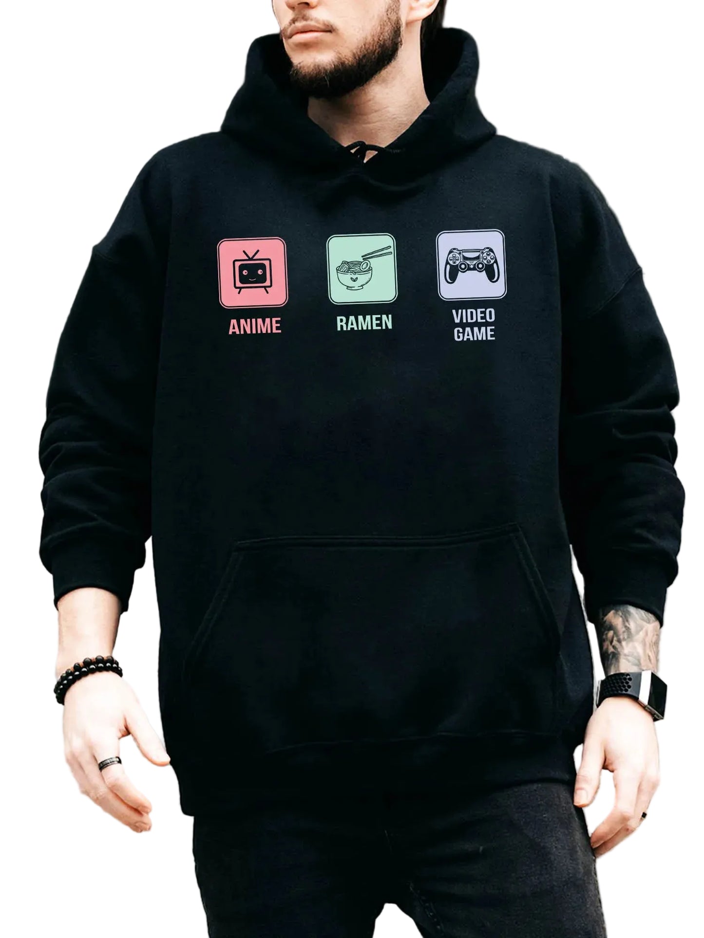 Minimalist Anime Lifestyle Hoodie with Manga-Inspired Gaming Icon Graphics