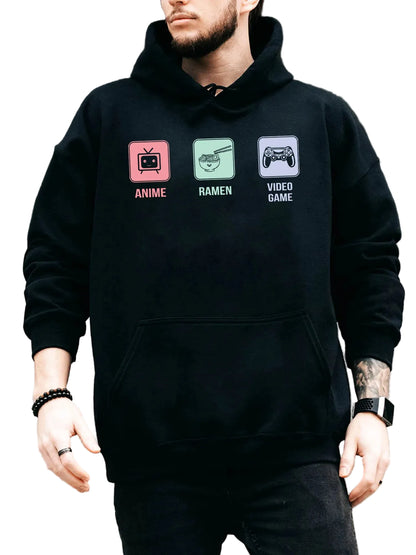 Minimalist Anime Lifestyle Hoodie with Manga-Inspired Gaming Icon Graphics
