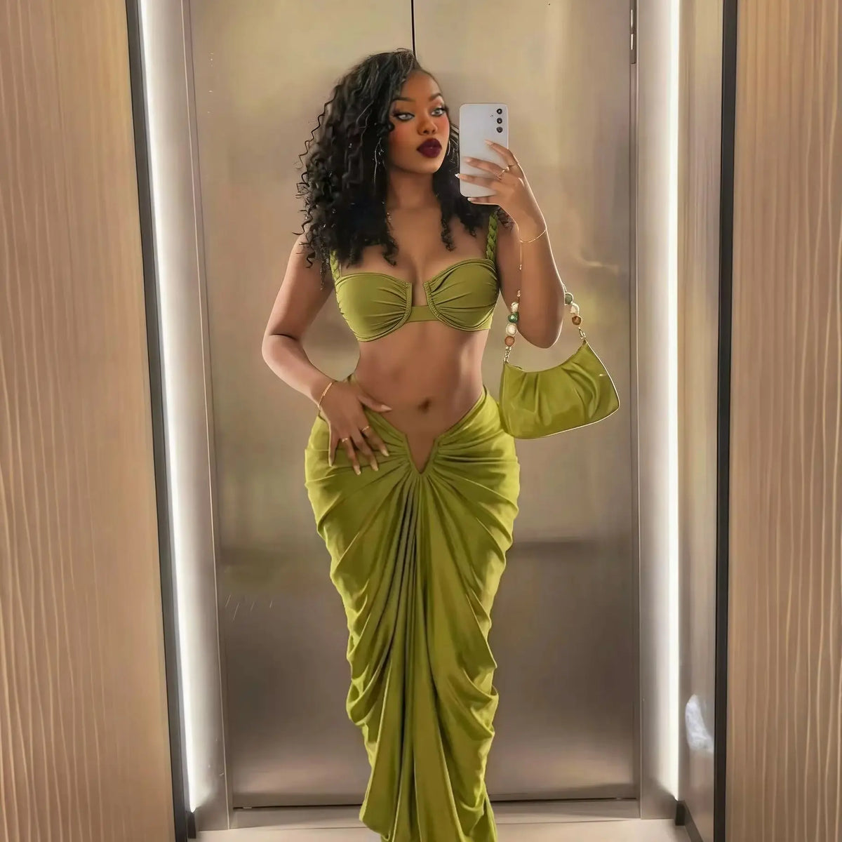 Solid Olive Green Bandeau Swim Set with Draped Maxi Skirt Cover-Up