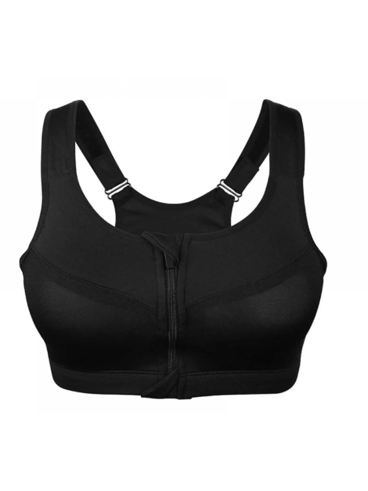 Sleek Black Front-Zip Athletic Sports Bra with Wide Shoulder Straps