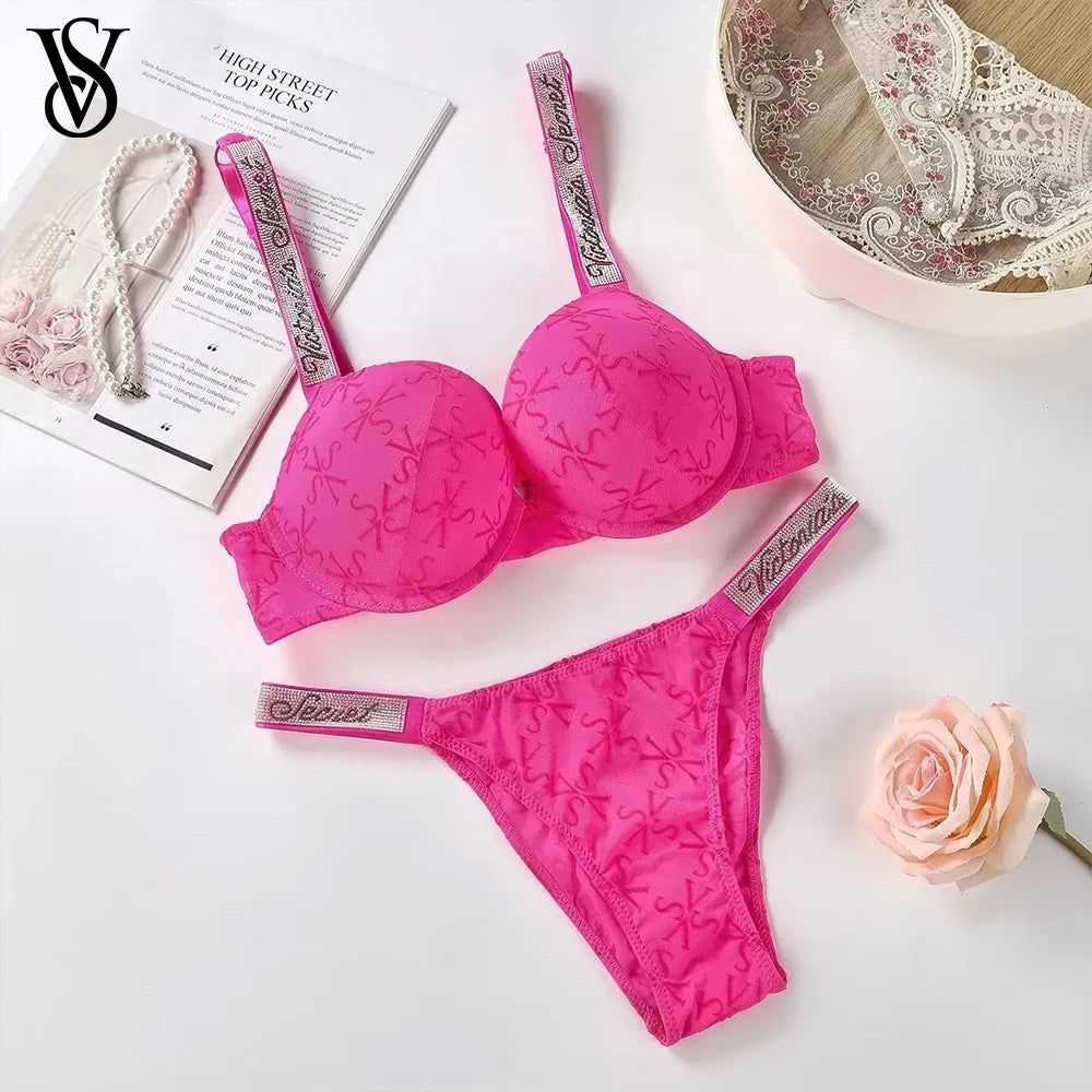 Vivid Magenta Contour Bra and Thong Set with Crystal-Embellished Straps