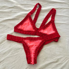 Crimson Red Triangle Bikini Set with Chunky Crochet Edge Detailing