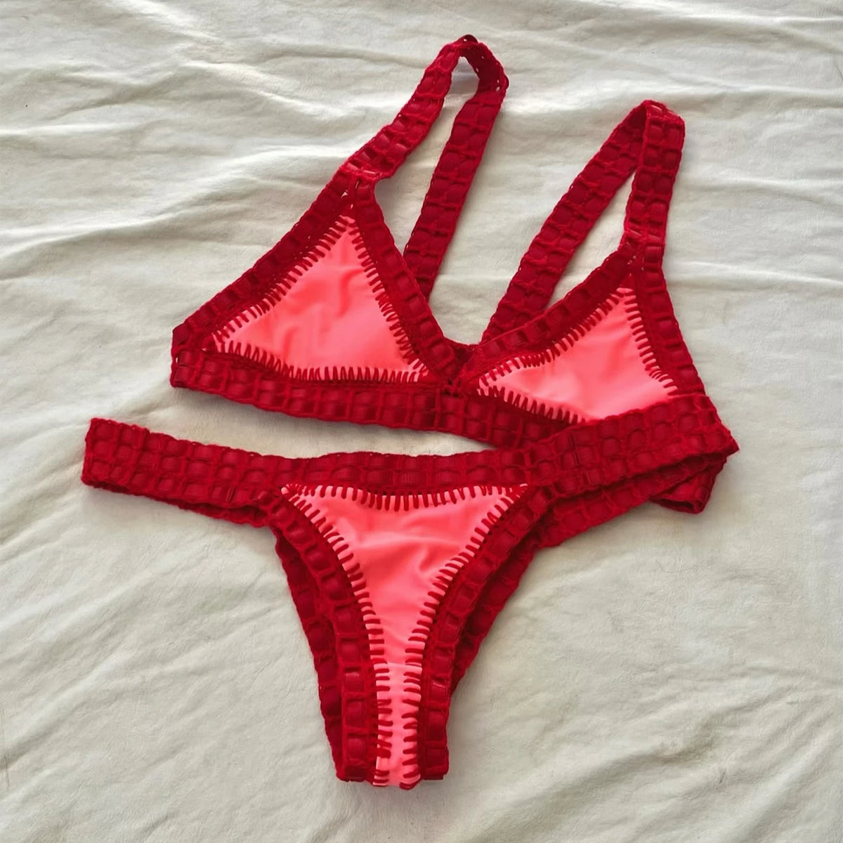 Crimson Red Triangle Bikini Set with Chunky Crochet Edge Detailing