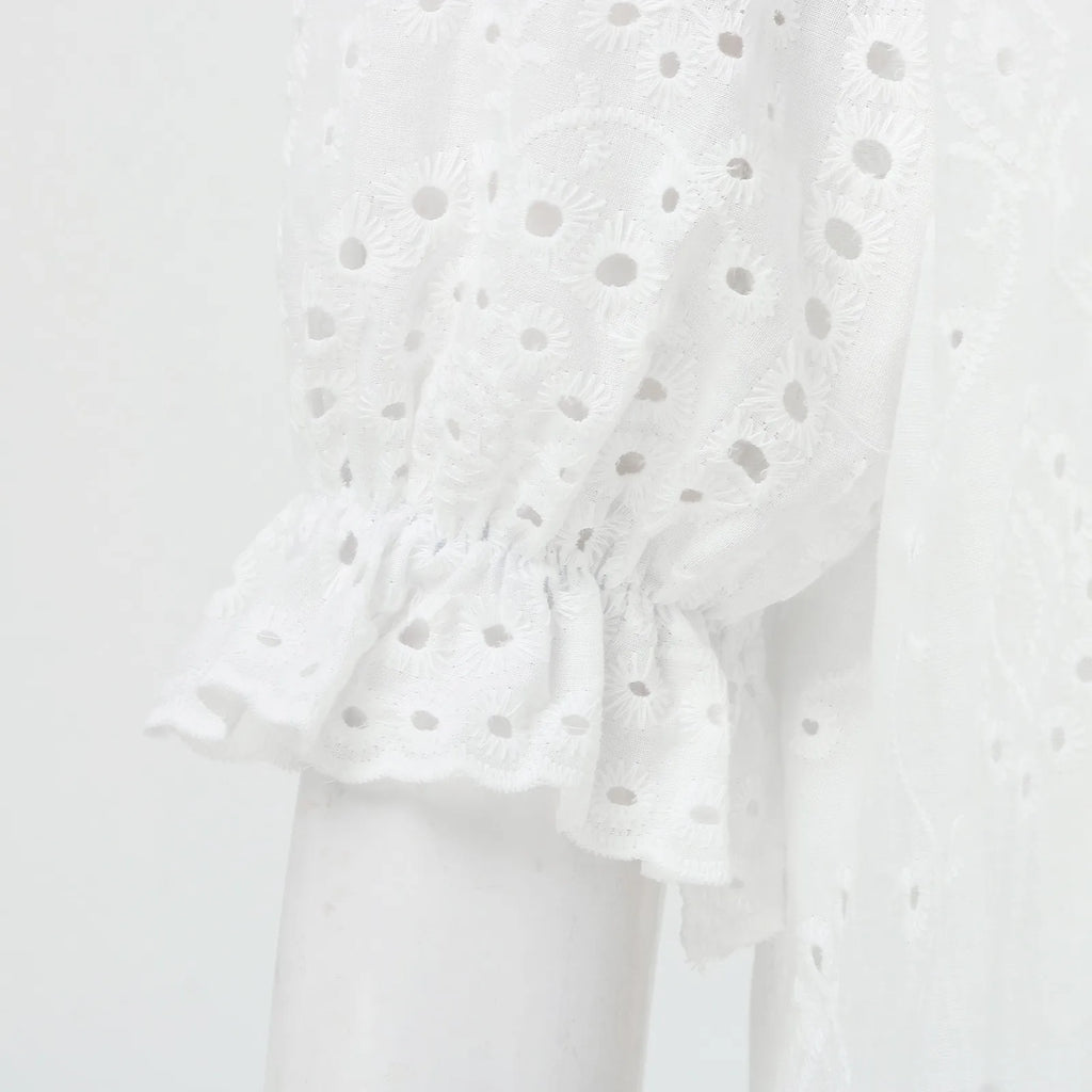 Ruffle Sleeve Eyelet Midi Dress with V Neck and Flowy Silhouette