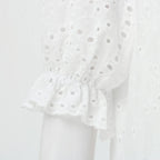 Ruffle Sleeve Eyelet Midi Dress with V Neck and Flowy Silhouette