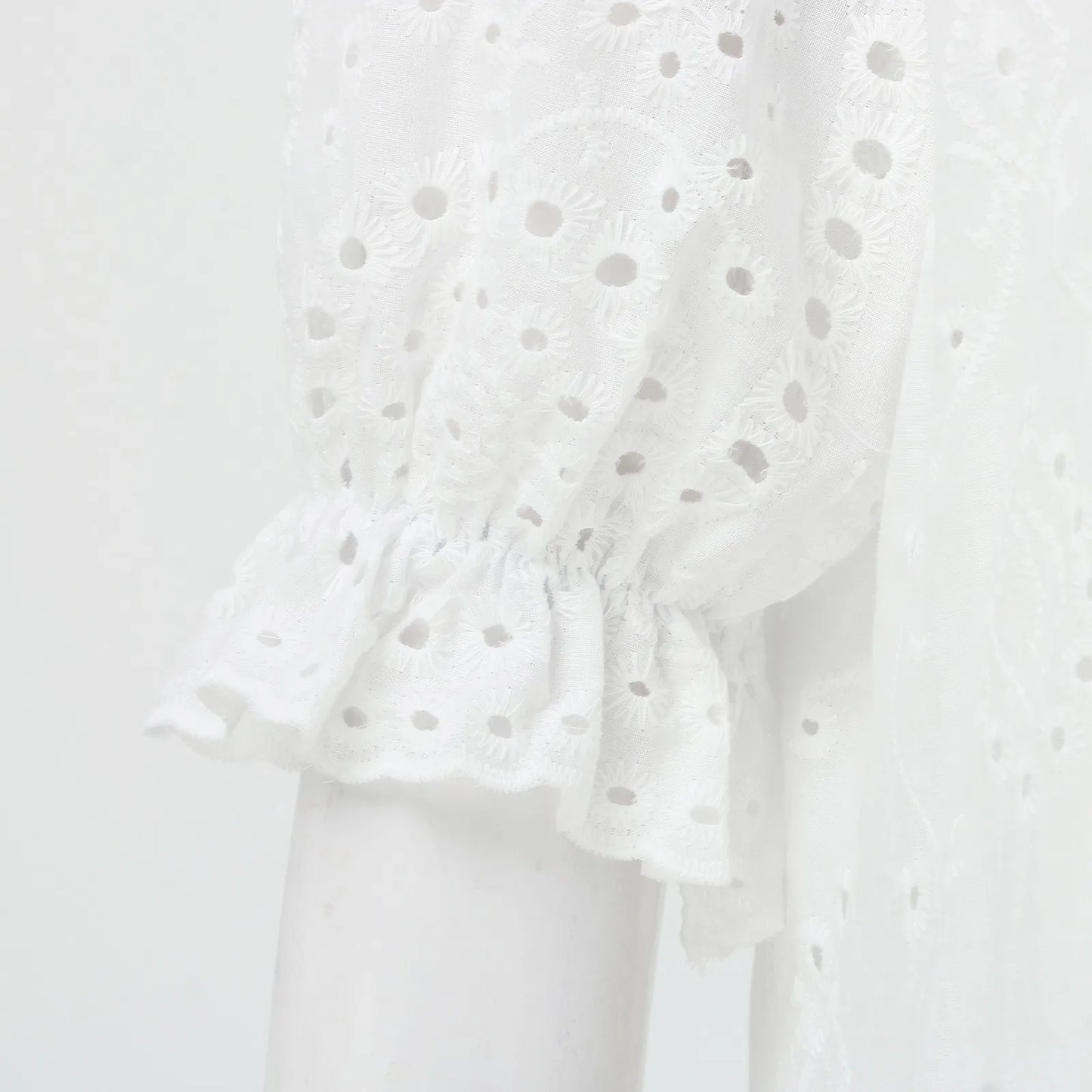 Ruffle Sleeve Eyelet Midi Dress with V Neck and Flowy Silhouette