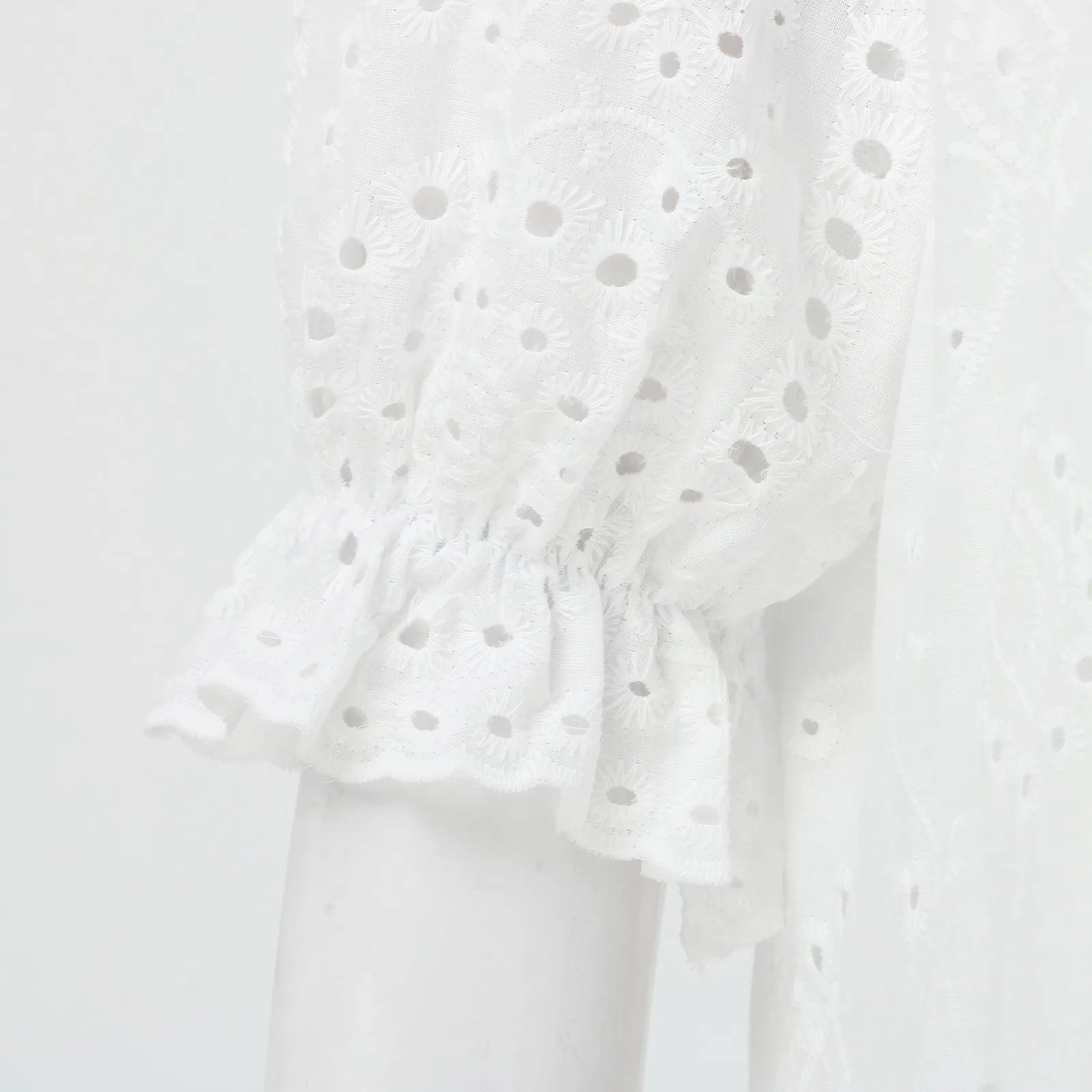 Ruffle Sleeve Eyelet Midi Dress with V Neck and Flowy Silhouette