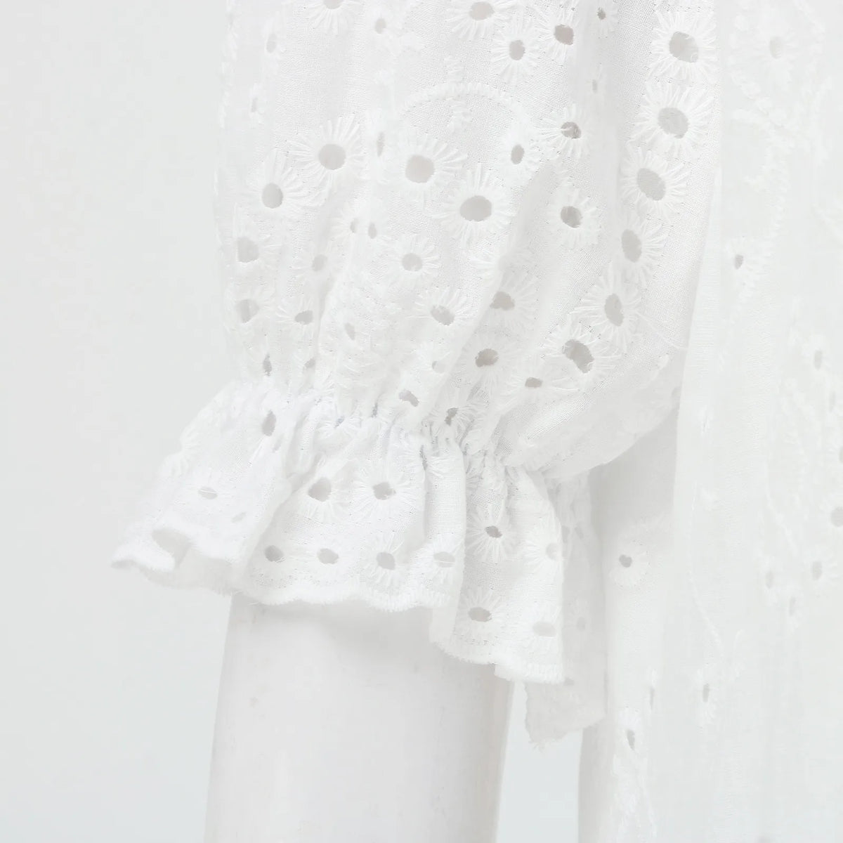 Breezy White Eyelet Maxi Dress with Flutter Sleeves and Tiered Silhouette