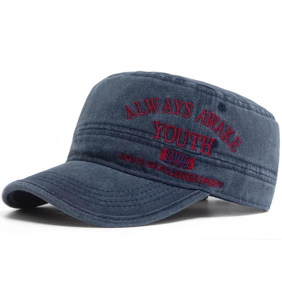 Unisex Vintage Military Style Flat Top Cap with Embroidered Detail for Casual Everyday Wear