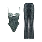 Three-Piece Zebra Print Swimwear Set with Matching Sheer Mesh Pants