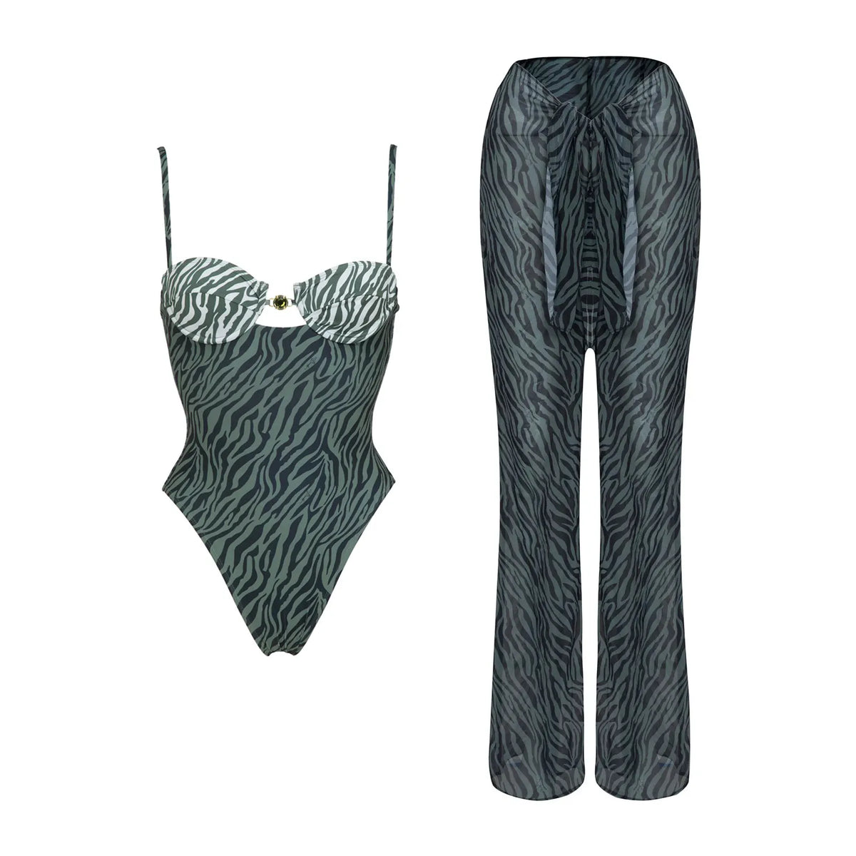Three-Piece Zebra Print Swimwear Set with Matching Sheer Mesh Pants