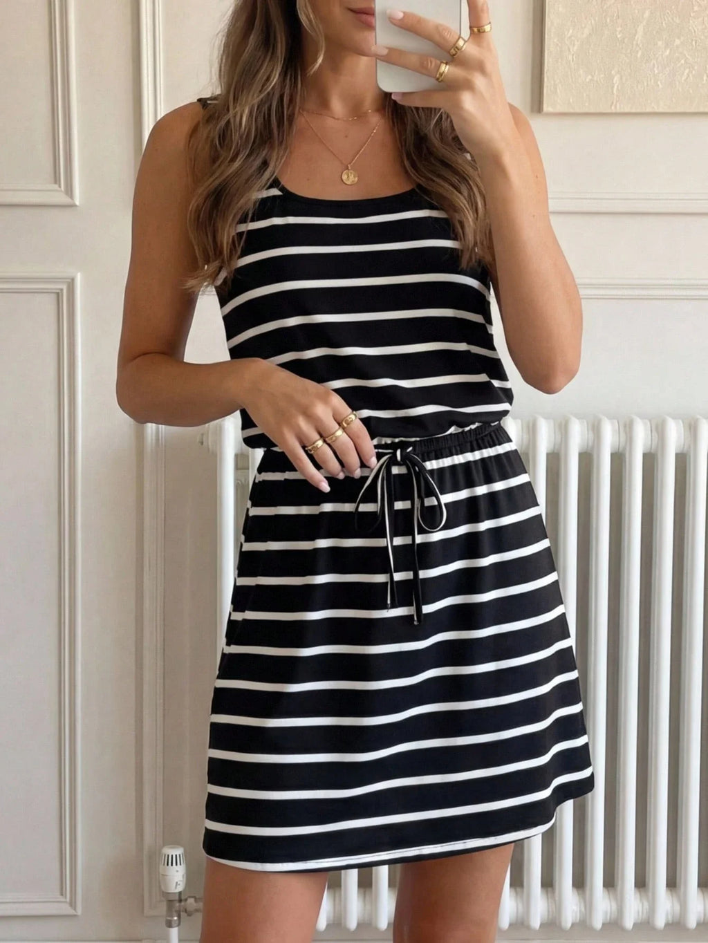 Striped Sleeveless Drawstring Waist Mini Dress with Relaxed Everyday Style