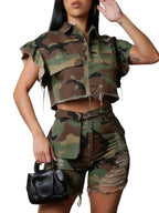 Camouflage Print Crop Top and Distressed Shorts Streetwear Co-Ord Set