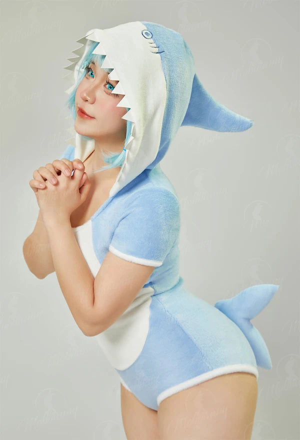 Women's Hooded Plush Romper with Shark-Inspired Design, Tail and Cozy One-Piece Fit