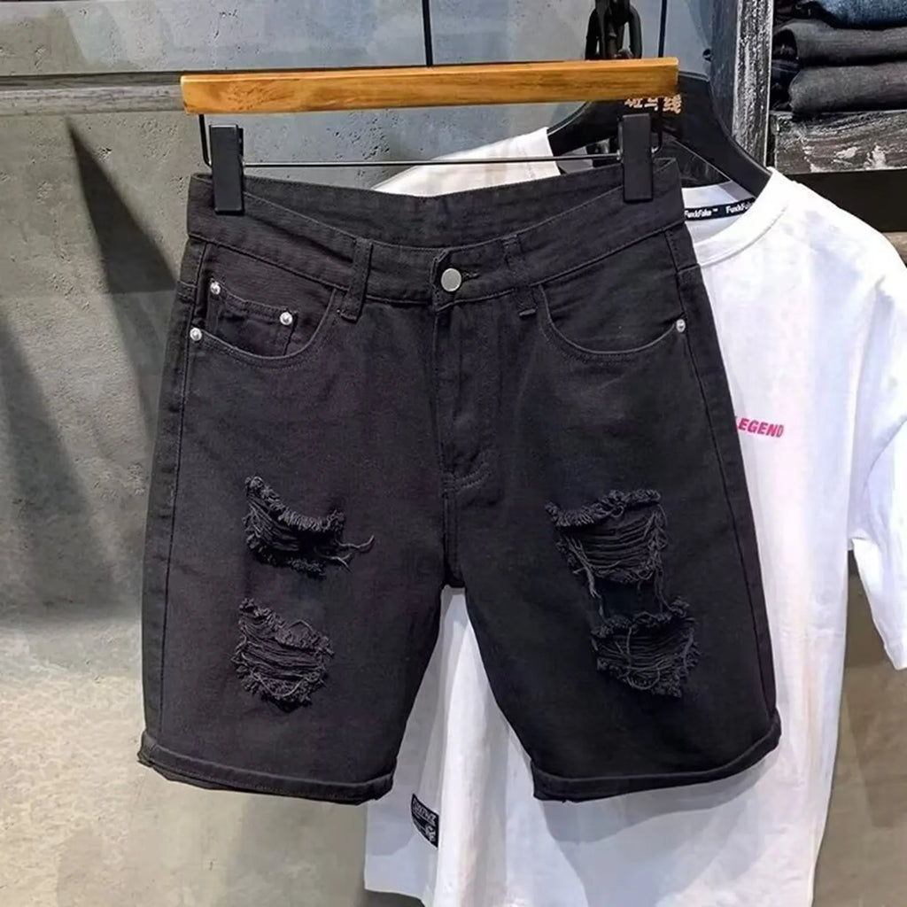Men's Distressed Denim Style Shorts with Straight Fit and Casual Everyday Streetwear Design