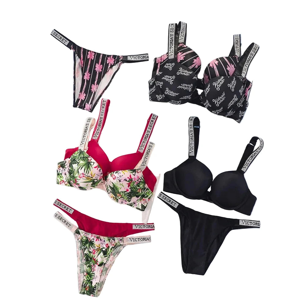 Tropical Botanical Print Push-Up Bra and Rhinestone Script Thong Set