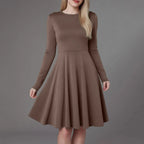 Elegant Solid Color Long-Sleeve A-Line Dress with High Waistline