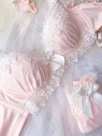 Pastel Pink Water-Soluble Lace Bra and Panty Set with Ribbon Details