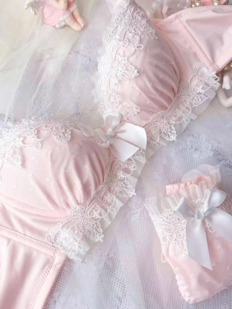 Pastel Pink Water-Soluble Lace Bra and Panty Set with Ribbon Details