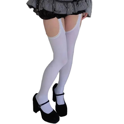 Wide Lace Band Thigh High Stockings with Decorative Suspender Style and Over-the-Knee Fit