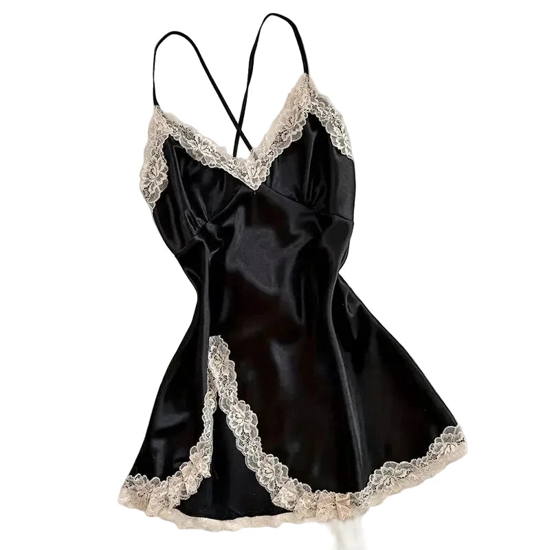Black Satin-Look V-Neck Mini Nightgown with Contrast Lace Trim, Fine Straps and Elegant Sleeveless Silhouette