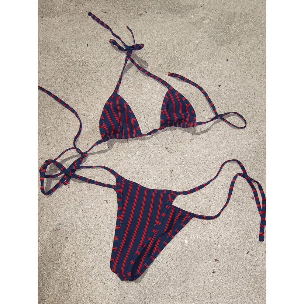 Crimson and Gold Vertical Striped Triangle String Bikini