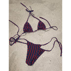 Crimson and Gold Vertical Striped Triangle String Bikini