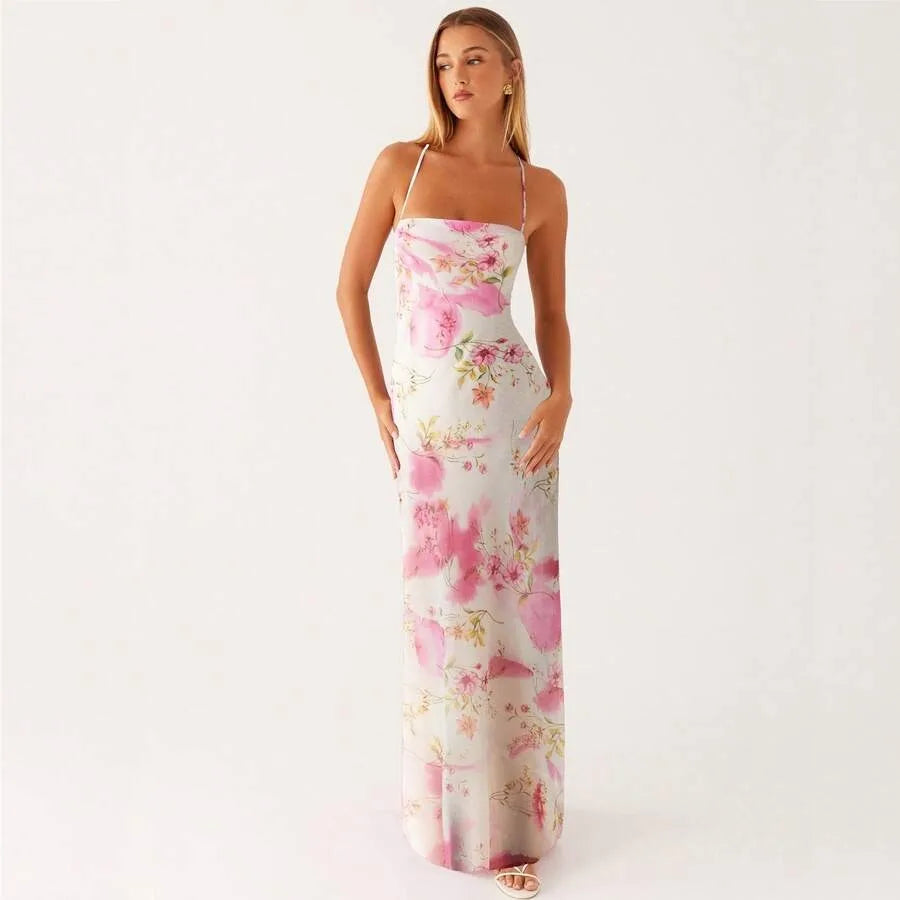 Floral Print Bodycon Maxi Dress with Square Neck and Tie Straps