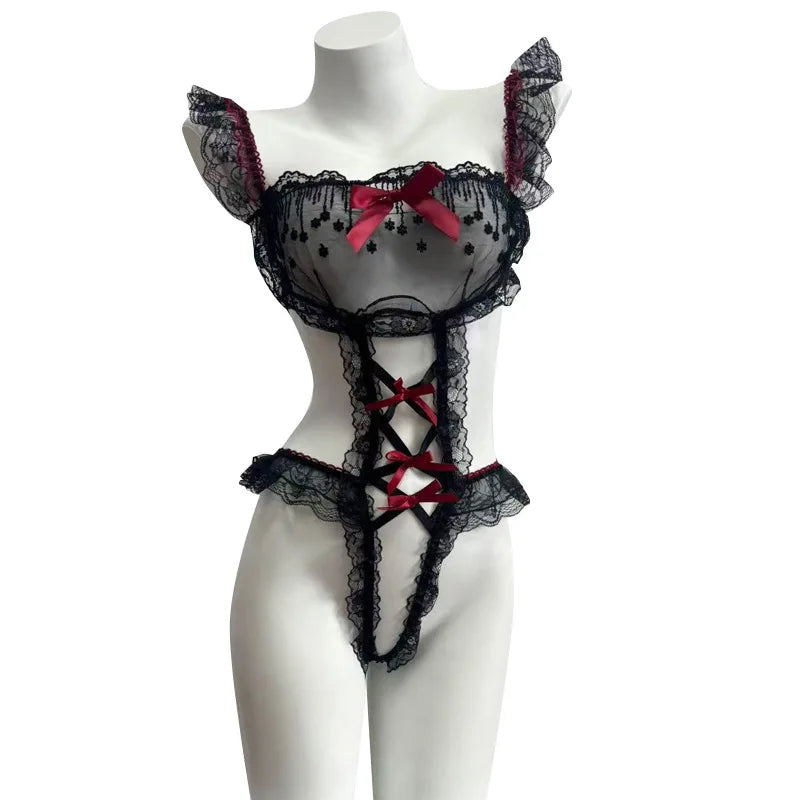 Black and Red Lace Corset-Style Bodysuit with Decorative Straps, Fishnet-Inspired Details and Feminine Costume Silhouette