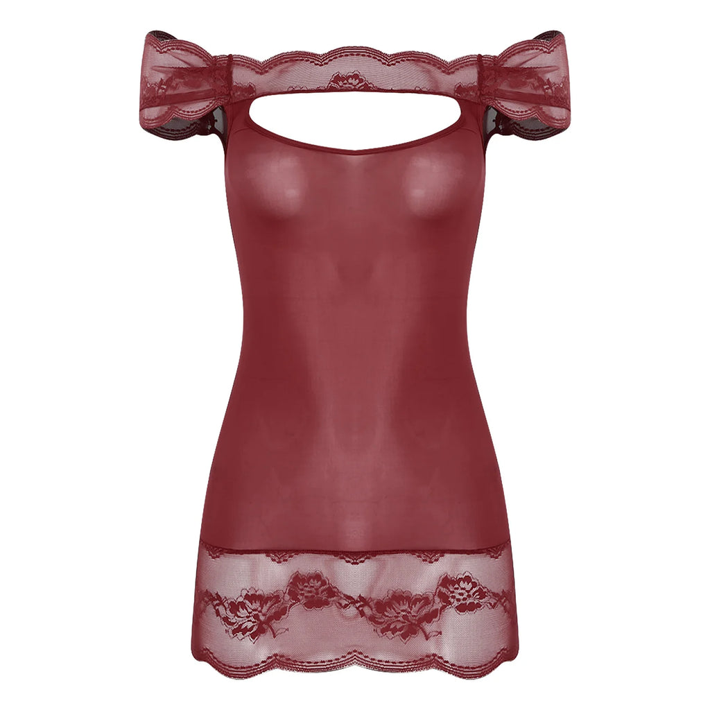 Vibrant Red Off-the-Shoulder Chemise with Chest Cutout and Lace Trim