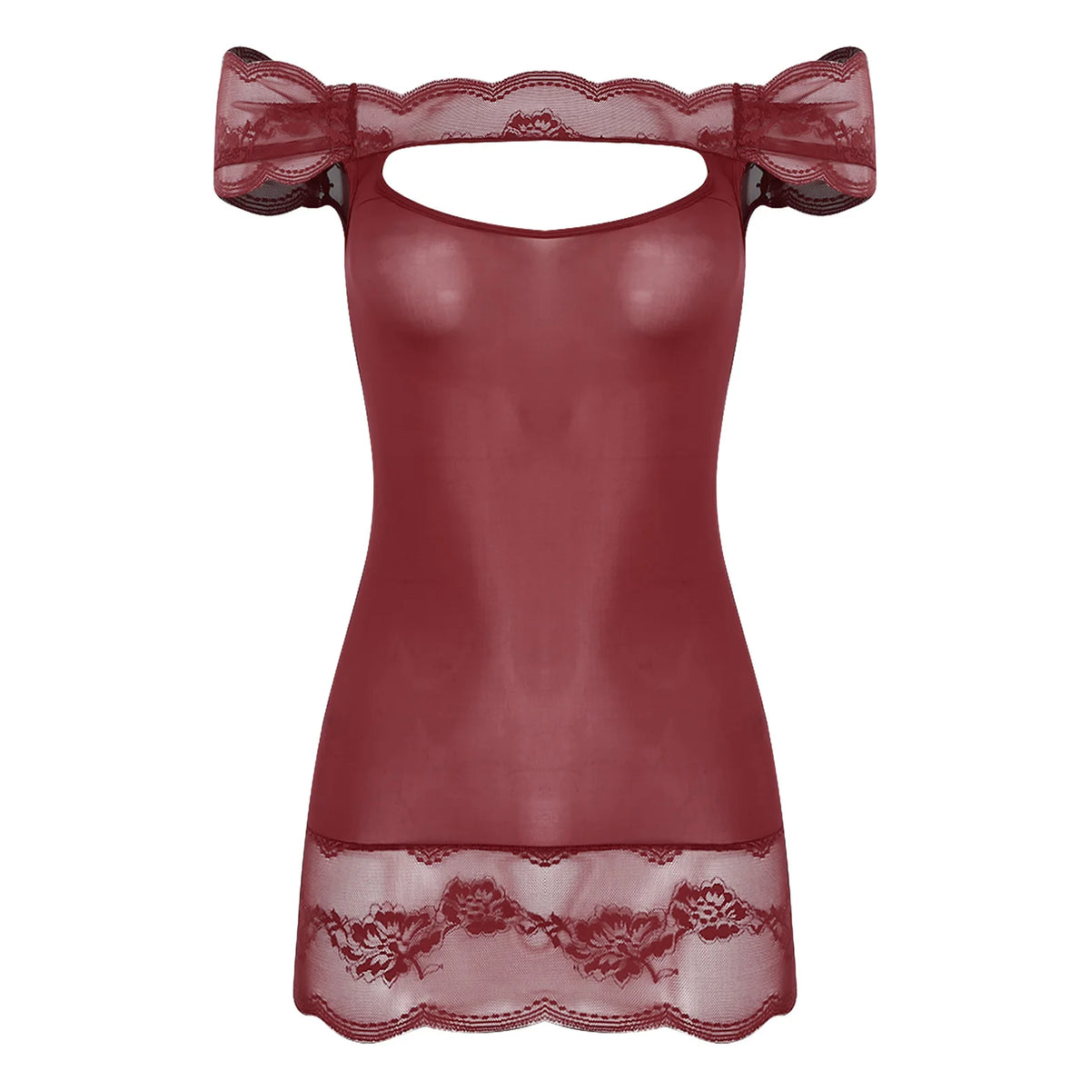 Vibrant Red Off-the-Shoulder Chemise with Chest Cutout and Lace Trim
