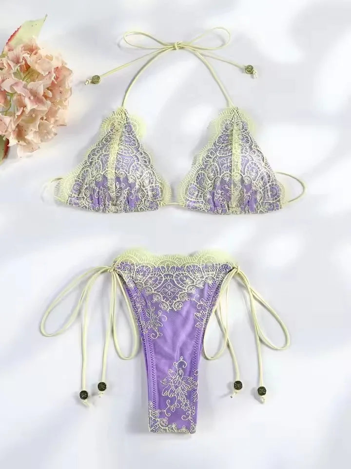 Romantic Blush Pink Lace-Textured Triangle String Bikini with Ruffled Trim