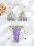 Romantic Blush Pink Lace-Textured Triangle String Bikini with Ruffled Trim
