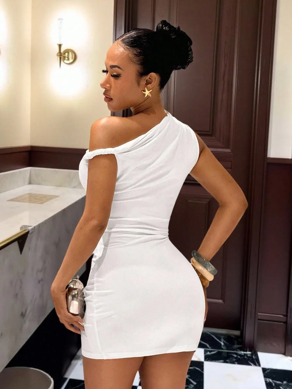One Shoulder Ruched Mini Dress with Asymmetrical Neckline Modern Bodycon Fit