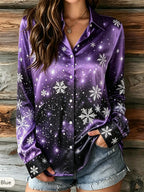 Whimsical Snowflake and Star Print Gradient Button-Down Blouse