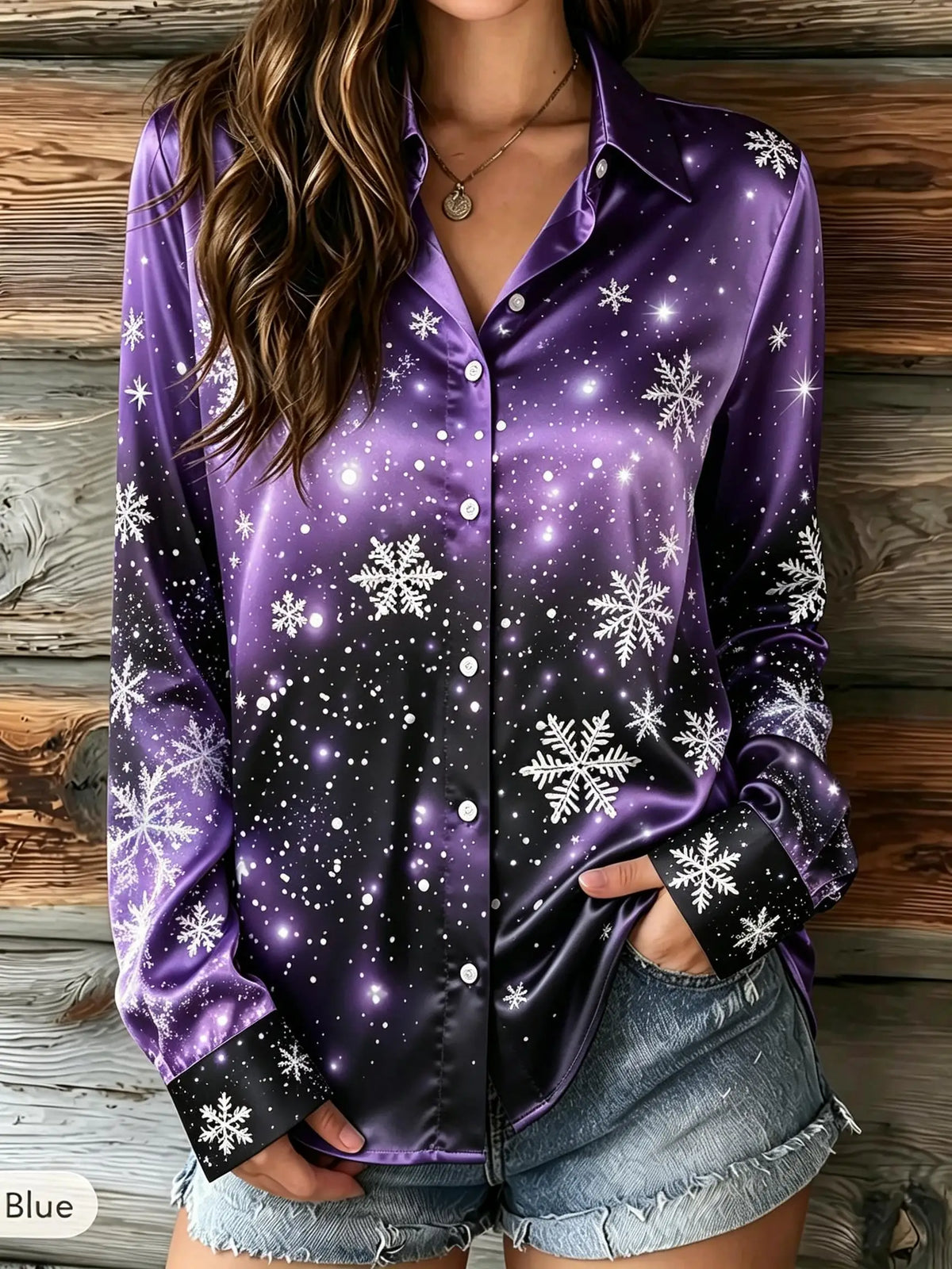 Whimsical Snowflake and Star Print Gradient Button-Down Blouse